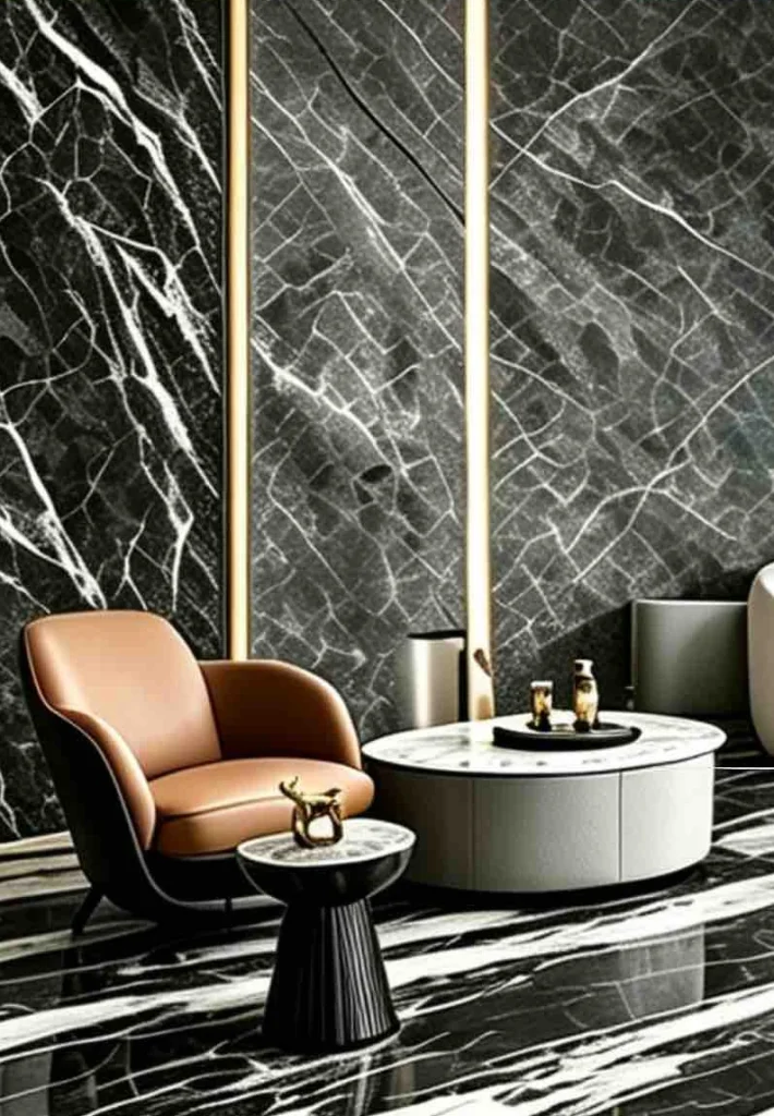 Dark sintered stone living-space illustration
